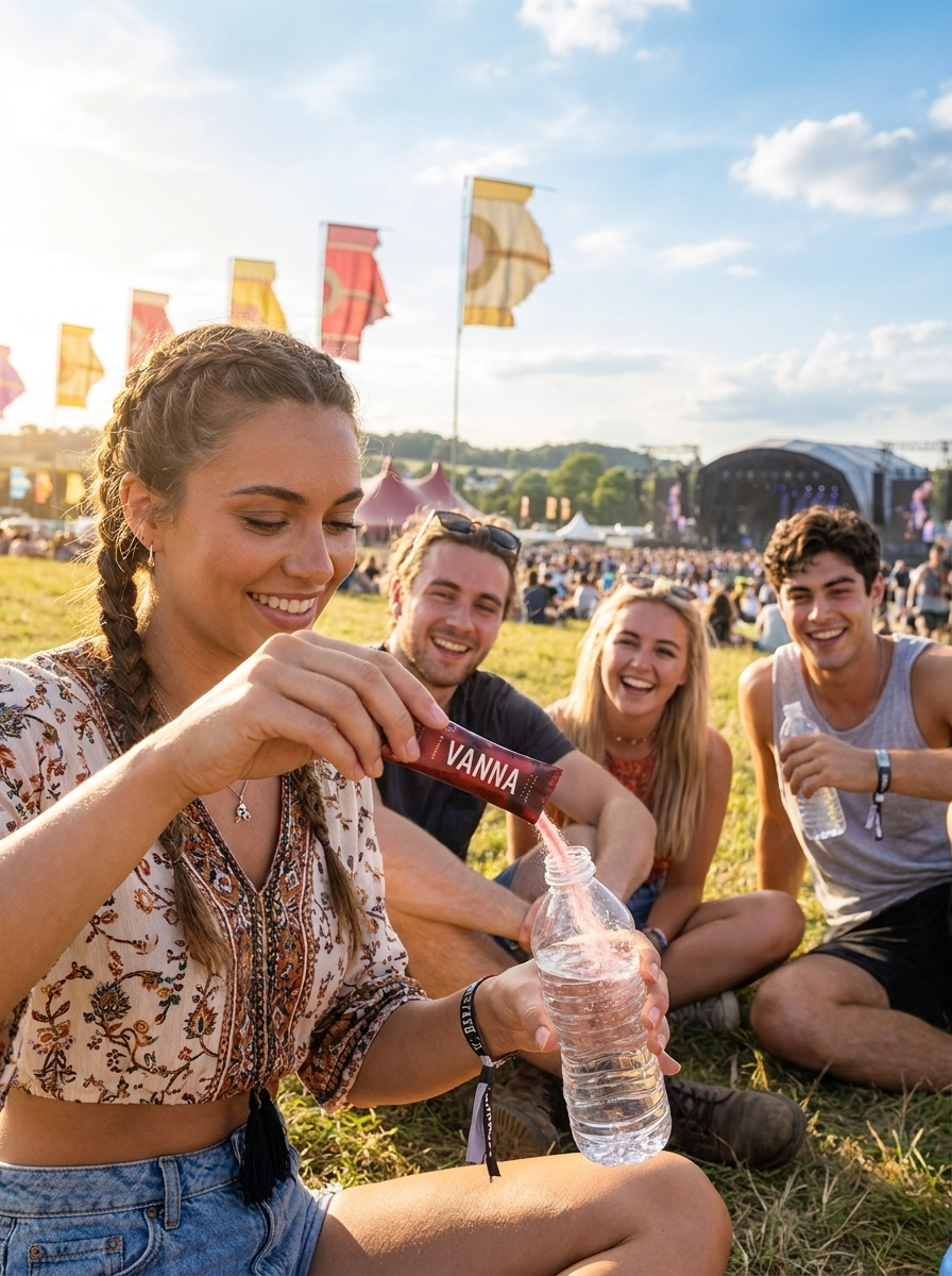 Group of friends using Vanna at an outdoor music festival