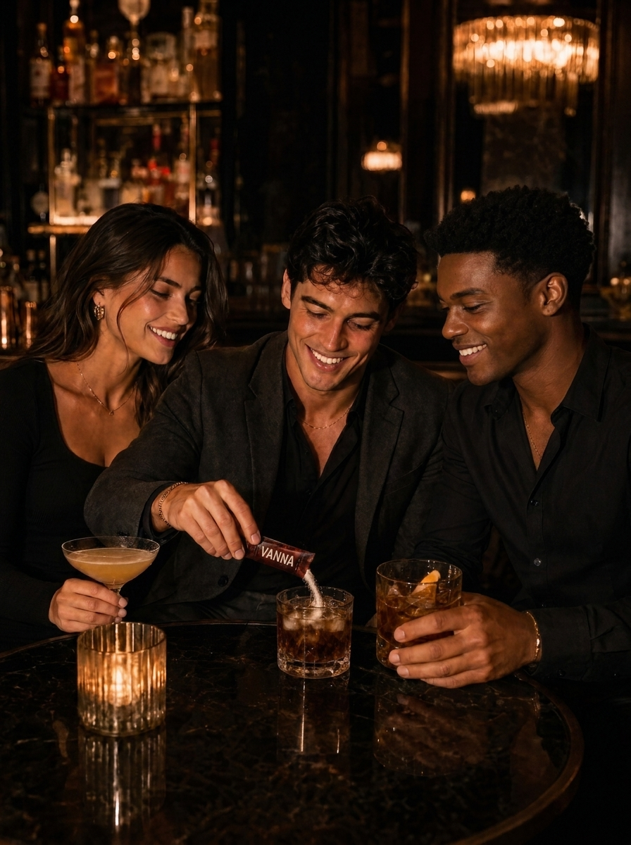 Friends mixing Vanna into cocktails at a dimly lit bar